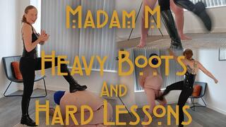 Heavy Boots and Hard Lessons, towering knee-high boots calm controlled authority, extreme ballbusting FemDom CBT session