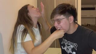 Finger Biting: Painful and with teeth marks: A woman and a man compete to see who bites harder.