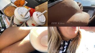 Sunny Fast Food Car Stuffing, Milkshake Chug & Belly Play in Tight Jeans