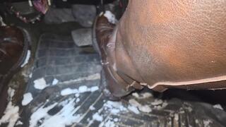 Blizzard commute in tall boots.