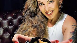 Latina MILF in a denim mini skirt and her powerful smoke - Newport Menthol