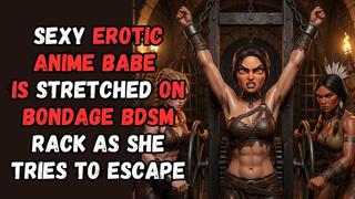 hot animated babe with bushy hairy armpits is tied to a device in the dungeon and stretched by two kinky fetishists in BDSM bondage