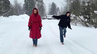 High heels mules on ice, slippery mules, girl on high heels walking on ice, feet in snow, frozen feet, shoes on ice