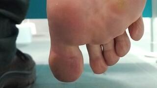 Dirty Work Sock Removal in Toilet Stall – Smelly Bare Sole Close-Up