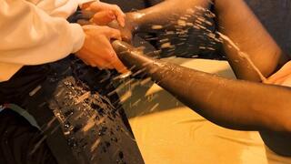 Double piss soaked nylon feet rubbed all over his horny cock (artwork without audio)