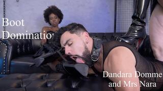 Dandara Domme and Mrs Nara make Hex shine his boots with their tongues (1080P-EN) Boot worship - Boot domination - Female domination - Boot fetish - Boot sniffing