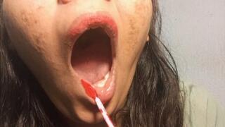Red Liquid Lipstick Reapply and Slow Yawn Close Up