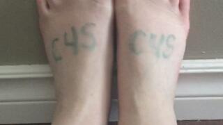 TIMEOUT HALL WALL NOW UPSTAIRS FEET AGAINST BASEBOARD