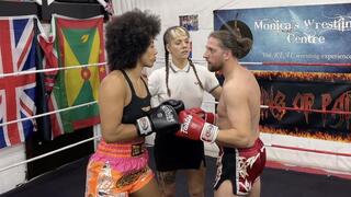 Professional Muay Thai Fighter Lady Black Venus Demonstrates her Superiority Over a Weak Man