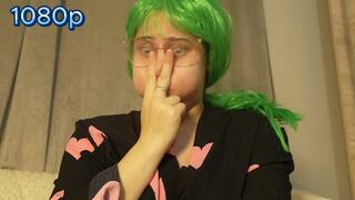 My Stepsister holds her breath and covers her mouth and nose then holds the air and tries to make her face blush, she takes a big breath and holds it in