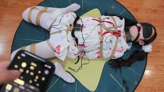fx33-White silk maid, twin tails, gag, collar, rope bondage, frog bondage, vibrating orgasm