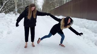 Girls in flip flops on ice, slippery shoes, sliding girls, slippery flip flops, feet in snow