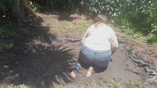 Muddy Jeans and Sweater Going to Topless in Mud