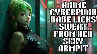 sexy anime cyberpunk babe poses showing us her lovely smooth pits and licks those sweaty armpits too