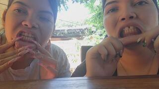 She and I stretched our lips excessively