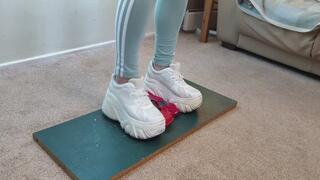 Giantess Lily Kink toy car crush of Ferrari vs 1990 Cougar XR7 in big chunky trainers sneakers and stomping the bits in a box high left view