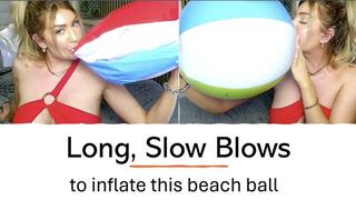 Long, slow blows and valve tease (mouth inflation of beach ball by blonde milf in red dress with red lipstick)