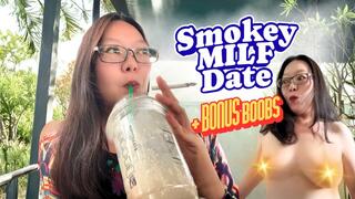 Outdoor Public Smoking Asian MILF Date: Smoking Sipping Coffee + Bonus Jiggling Boobs