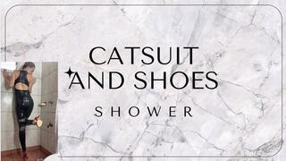 catsuit and shoe in shower