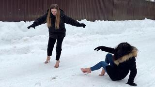 Girls on stilettos walking on ice, high heels on snow, high heels sliding, slippery stilettos, strappy high heels on ice
