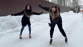 Heelless shoes on ice, slippery shoes, slippery girls, girls on ice road