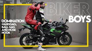Biker Boys - Green Bike Part 1 (1080p) Gay Domination - Gay Bondage - Nose Hook - Handgag - BDSM - Biker Gear - Leather - Gloves - Tape Bondage