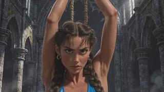 sexy animated babe with sleek body tied up and tries to escape BDSM bondage