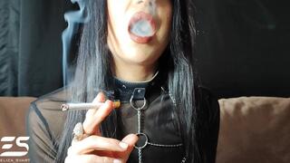 Smoking in a see through top, no bra and a bodychain around my chest