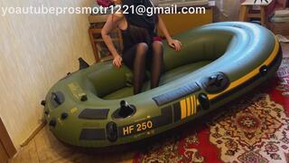 Nastya in black tights walks on an inflatable boat, steps on it, tramples it, pushes it, jumps on it, rubs against it, foot fetish, legs, inflatable, crush fetish