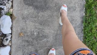 Fifi stroking and pumping the pedals of her SUV in slick white tall platform stiletto heels