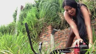 CUT GRASS IN HER SEXY LINGERIE