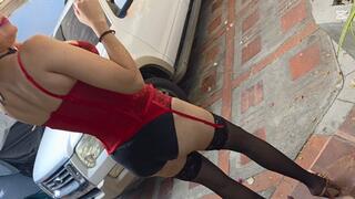 Katherine driving in sexy lingerie and extreme high heels