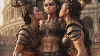 a gladiator warrior woman is tied to a cross as she is crucified in BDSM bondage while two pit slaves lick her dirty neck clean