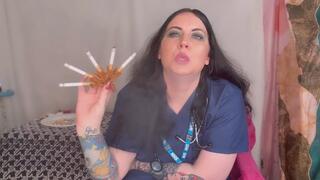 Nurse FFW smokes a fiveway cigarette holder & has coughing fits