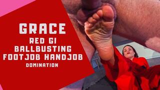 Grace red gi ballbusting, footjob and handjob domination