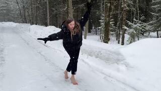 Clear flip flops on ice, slippery high heels, sliding on ice, girl on ice, walking on ice, flip flops on ice