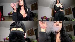 Velvet Tracksuit Tease – Smoking, Big Tits & Black Thong Flash