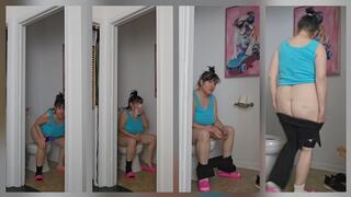 Toilet Fetish Bundle Wearing Sky Blue Crop Top Yoga Pants and Skirt