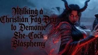Milking a Christian Faggot Dry to Demonic She-Cock Blasphemy