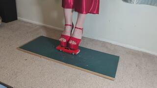 Giantess Lily Kink toy car crush of a 67 Chevelle SS in big mega red heels and stomping the bits in a box high right view