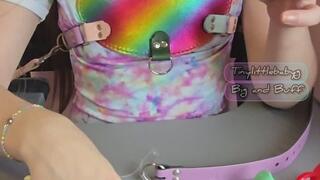 Tinylittlebabyg models multiple different pacifiers in a special leather gag from BigandBuff