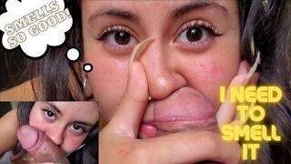 Smelling, enjoying and playing with the cock & nose! Cute submissive happy girl