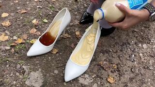 Messy high heels, messy stockings, messy feet, messy inshoe crush, sticky liquid in high heels, messy toes, messy shoes