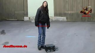 Girl in boots crushes stereo hi-fi system 1 (3044)