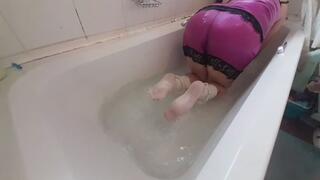 Wet silk pajamas and sock play