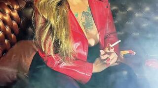 Smoking for his stepson in a red leather jacket, blue leather pants, and high heels - Marlboro Red