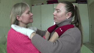 Sensual kissing in fuzzy gloves and sweaters 3 k