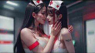 2. KISS VIDEO. Cute nurse women kissing together, Ai video