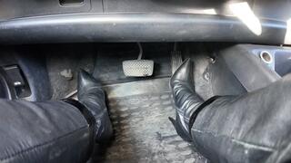 driving in leather high heel boots and leather outfit m02