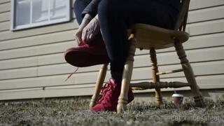 Red Vans unlacing, dangle & drop with toeless sock pull-off, and slow motion details, mature Hungarian milf feet